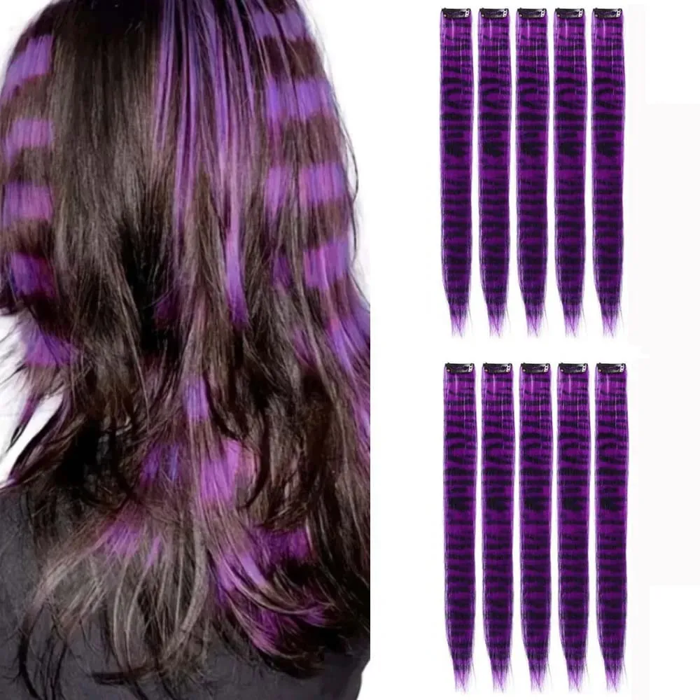 10pcs/set Stripe Printed Hair Colorful Long Straight Hair Pieces Synthetic Clip-in Hair Extensions for Daily Use Party Christmas — image 10