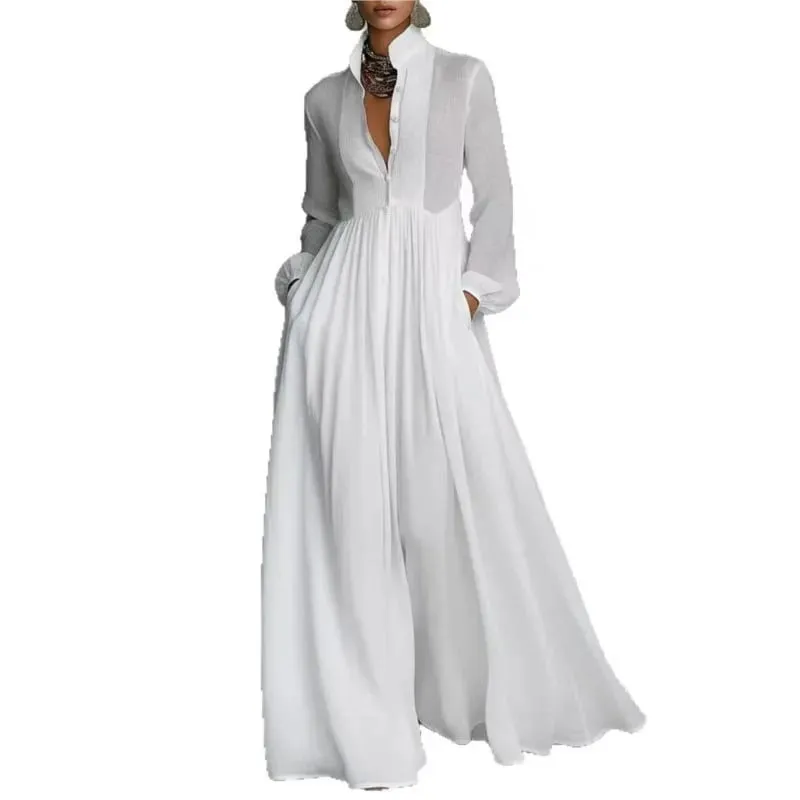 Women's Elegant Single Breasted Long Dress 2026 French High Waist Solid Pockets Pleated Maxi Evening Dress — image 4