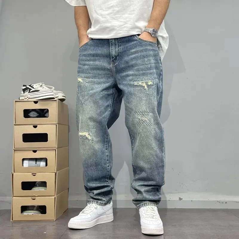2025Heavy Duty Washed and Scraped Denim Men's Trendy High-end Embroidered Printed Loose Tapered Straight Leg Jeans — image 2