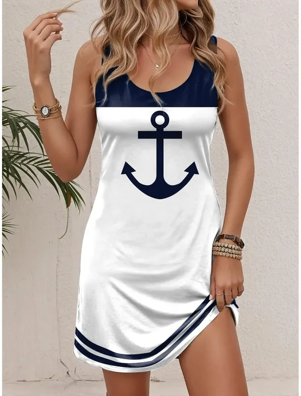 Women's Sleeveless Crew Neck Tank A-Line Mini Dress Print White Red Blue Loose Casual Summer Beach Vacation Daily Dress — image 1