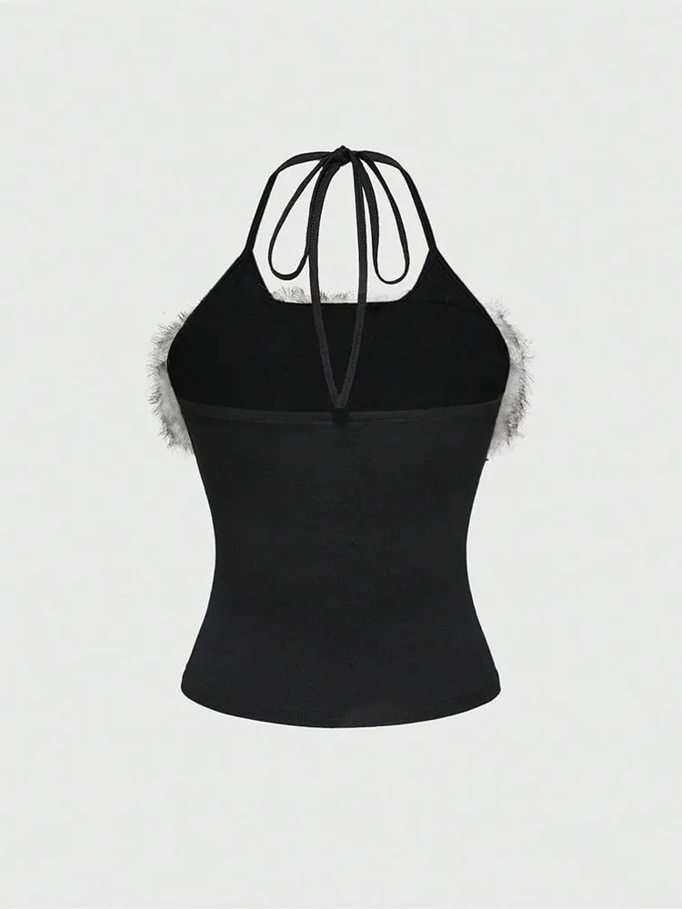 2026 Summer Women Y2K Grunge Goth Streetwear Sexy Faux Fur Trim Cross Letter Print Slim Fit Cropped Halter Neck Cami Tank Top — image 3