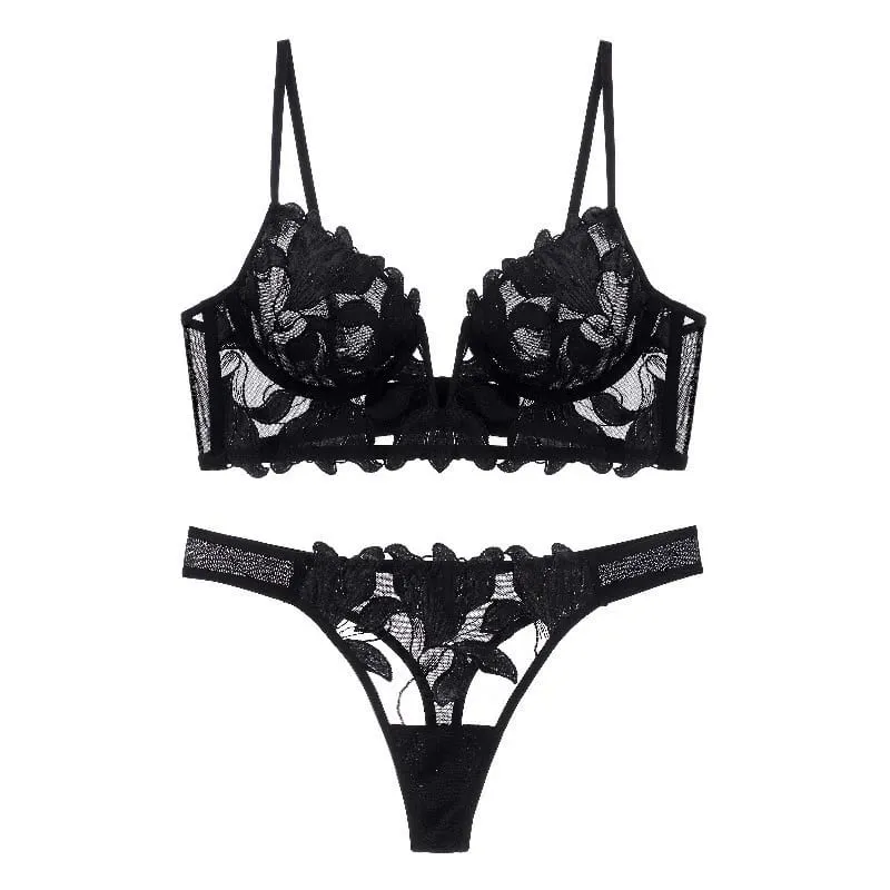 Ensemble de Lingerie en dentelle florale rouge pour femmes, soutien-gorge à armatures transparentes, bonnet fin, culotte tanga assortie, Sexy, ajouré, intimes — image 1
