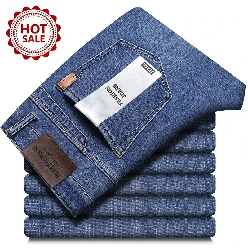 Autumn Winter Men's Jeans Classic Retro Grey Denim Pants Man Work Slim Straight Stretch Cotton Trousers Streetwear Plus Size 40 — image 13