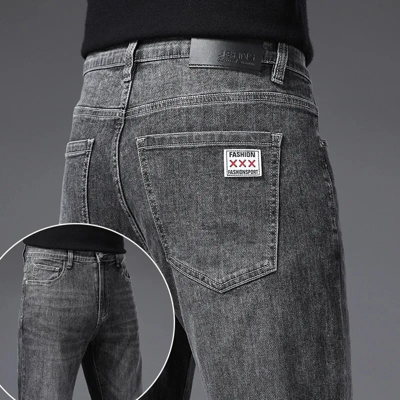 Men's Soft Stretch Straight Jeans Business Casual Slim Fit Wash Denim Pants Korean Fashion Blue Gray Male Brand Trousers — image 14