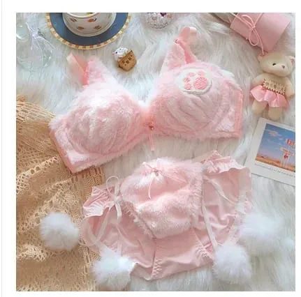 Cute Cat Paw Plush Lingerie Set for Women Warm Winter Bra & Panty with Ears Comfortable Kawaii Underwear — image 8