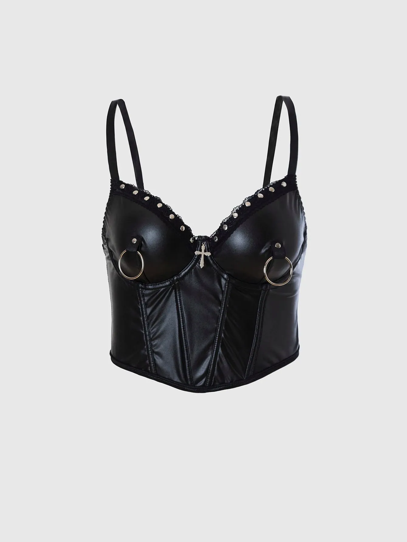 Punk Style Leather Halter Top with Metal Ring Cross Decoration Dark Sexy Outfit/Cosplay Top for Trendy Girls