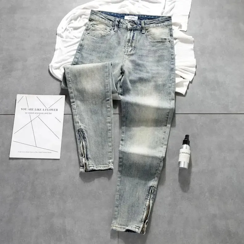 Cargo Old Retro Light-colored Trousers Zipper Jeans Men's New Trendy Elastic Slim-fitting Small-footed Trousers Denim Man Pants — image 4