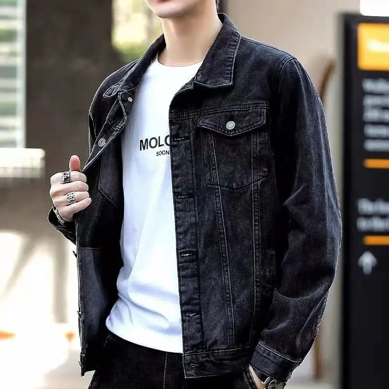Spring Autumn Men Denim Jackets Casual Solid Color Lapel Single Breasted Jeans Jacket Men Slim Fit Cotton Outwear Jackets