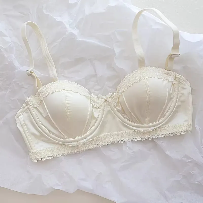 Luxury French Minimizer Bra Satin Lace Thin Cup Soft Underwire Uplift Centering Anti-Sagging Solid Comfort Support Elegant Women — image 7