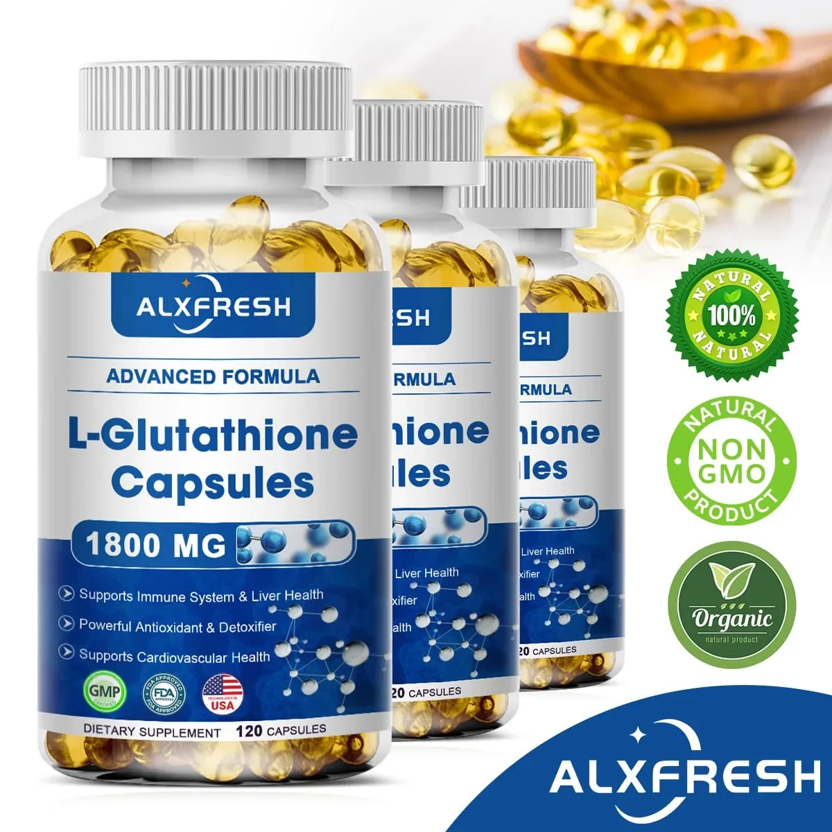 Alxfresh L-Glutathion 1800 mg | L-Glutathion gereduceerd supplement | Niet-GMO en glutenvrij | Immuniteitssysteem | Antioxidant-ondersteuning — image 1