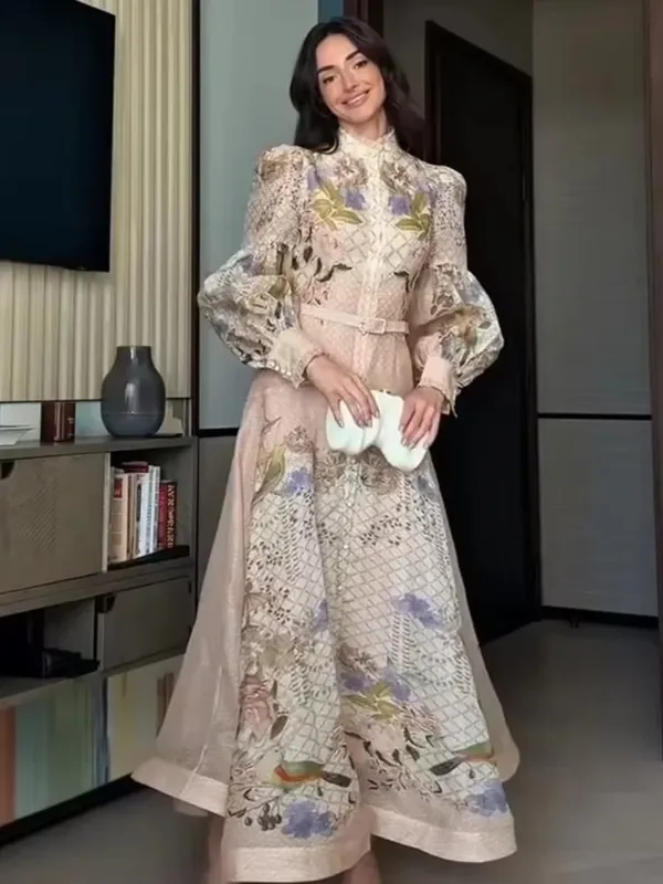 Elegant Floral Printed Women's Dress Stand Collar Full Puff Sleeve A-line Long Dresses 2026 Summer Vacation Party Lady Robes — image 8