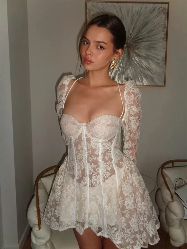 Elegant Patchwork Lace Short Dress Women Chic Full Sleeves See Through A-line Slim Dresses 2026 Lady Evening Party Vestidos New — image 9