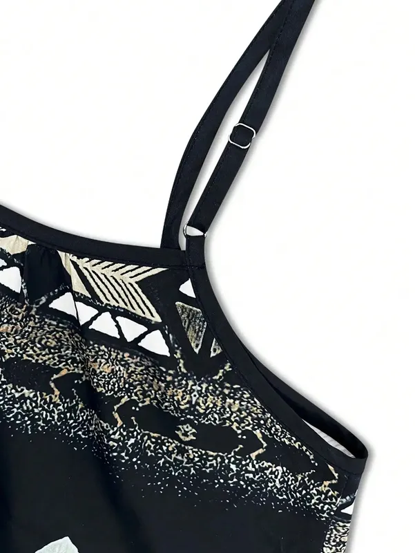Womens Boho Print Spaghetti Strap Cami Top Loose Fit Summer Casual Tank Black And Gold Tribal Pattern — image 5