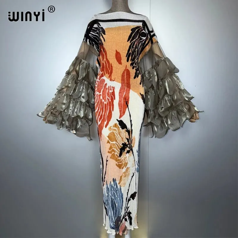 Elastic Slim Pleated Dress Beach Cover Up Boho Kaftan Abaya Dubai Luxury Party Dress Long Down Muslim Woman Evening Dress