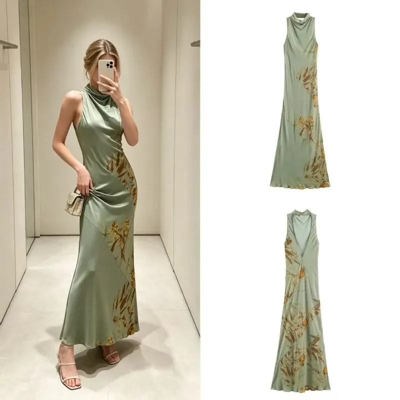 2026 Women Minimalist Outfit Elegant Half High Neck Slim Fit Sleeveless Backless Pleated Printed Sexy Party Club Maxi Dress — image 3