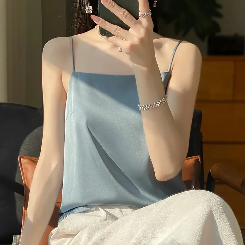 New Ice Silk Sexy Satin Strap Women's Spring/Summer Vest Solid Color Sleeveless Sexy Comfortable Silk Underwear Vest RW-D19 — image 5