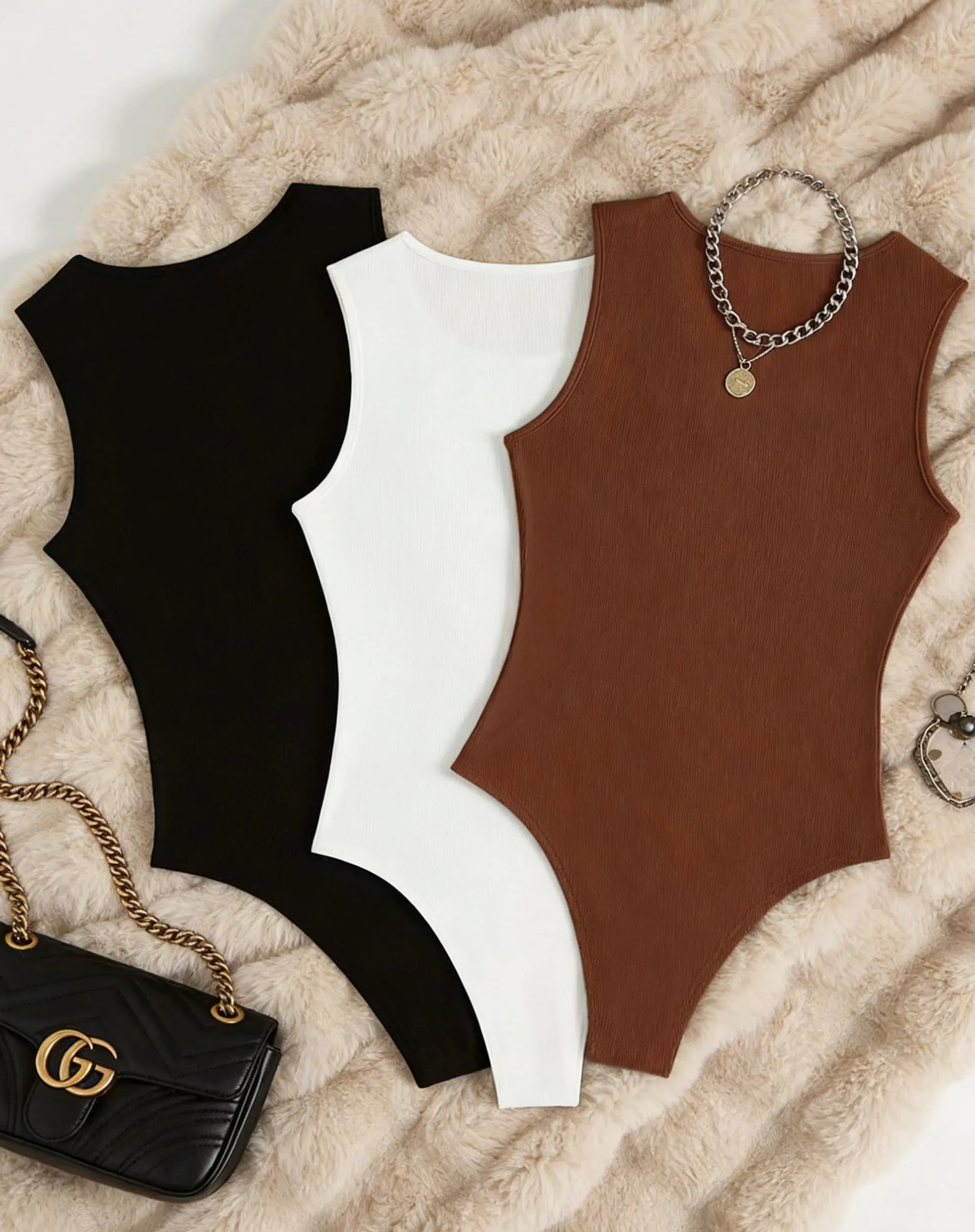 Women 3 Pack Solid Ribbed Round Neck Bodysuit Casual Sleeveless Form Fitting One Piece Bodysuit Set — image 3