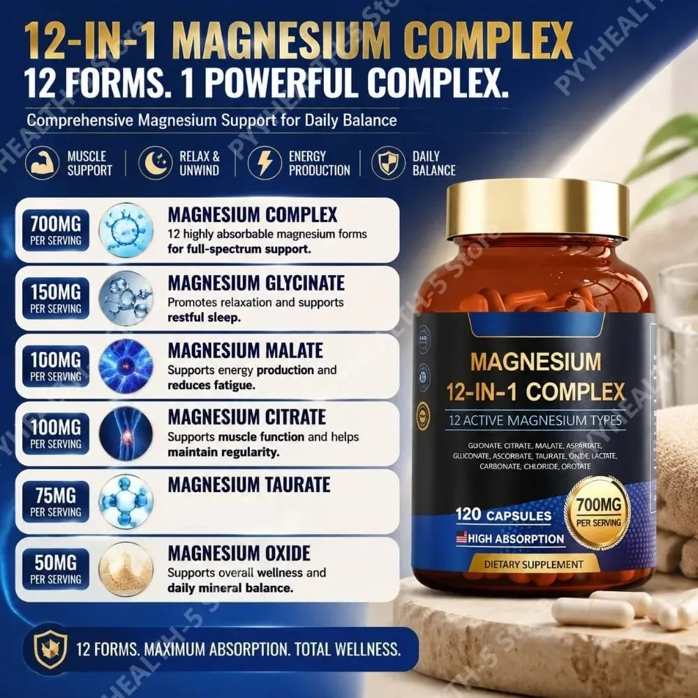 Magnesium 12-in-1 Complex Capsules 700mg Vegan Non-GMO Gluten-Free Supports Daily Nutrition & Relaxation 120 Count — image 3