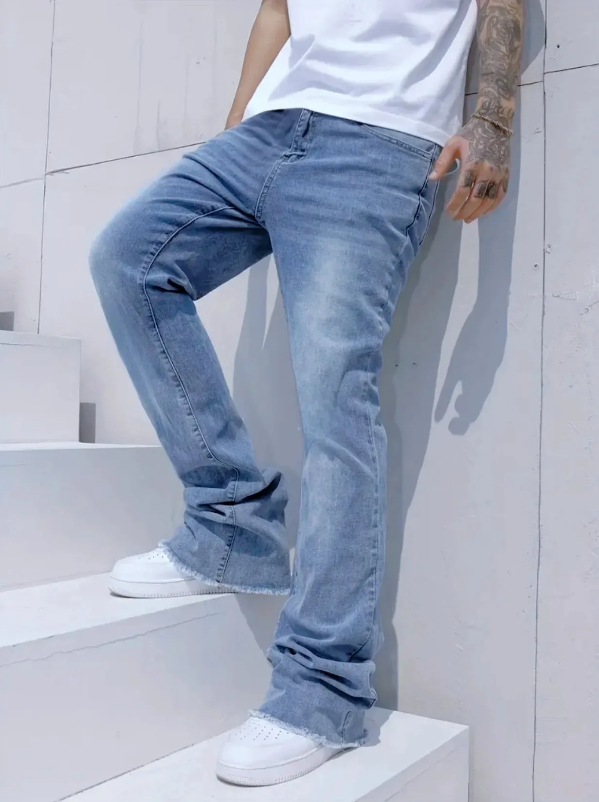 Slim Straight Jeans Men Sky Blue Fringe Cuff Detail Jeans Classic Mid Waist Solid Tone All Season Long Pants Urban Daily Stylish — image 3