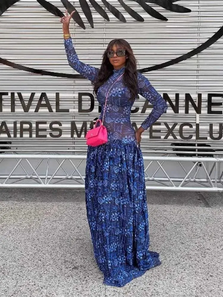 Royal Blue Dress for Women Mid-turtleneck High Waist Transparent Light Long Dress with Sleeves Streetwear Pleated Maxi Dress — image 3
