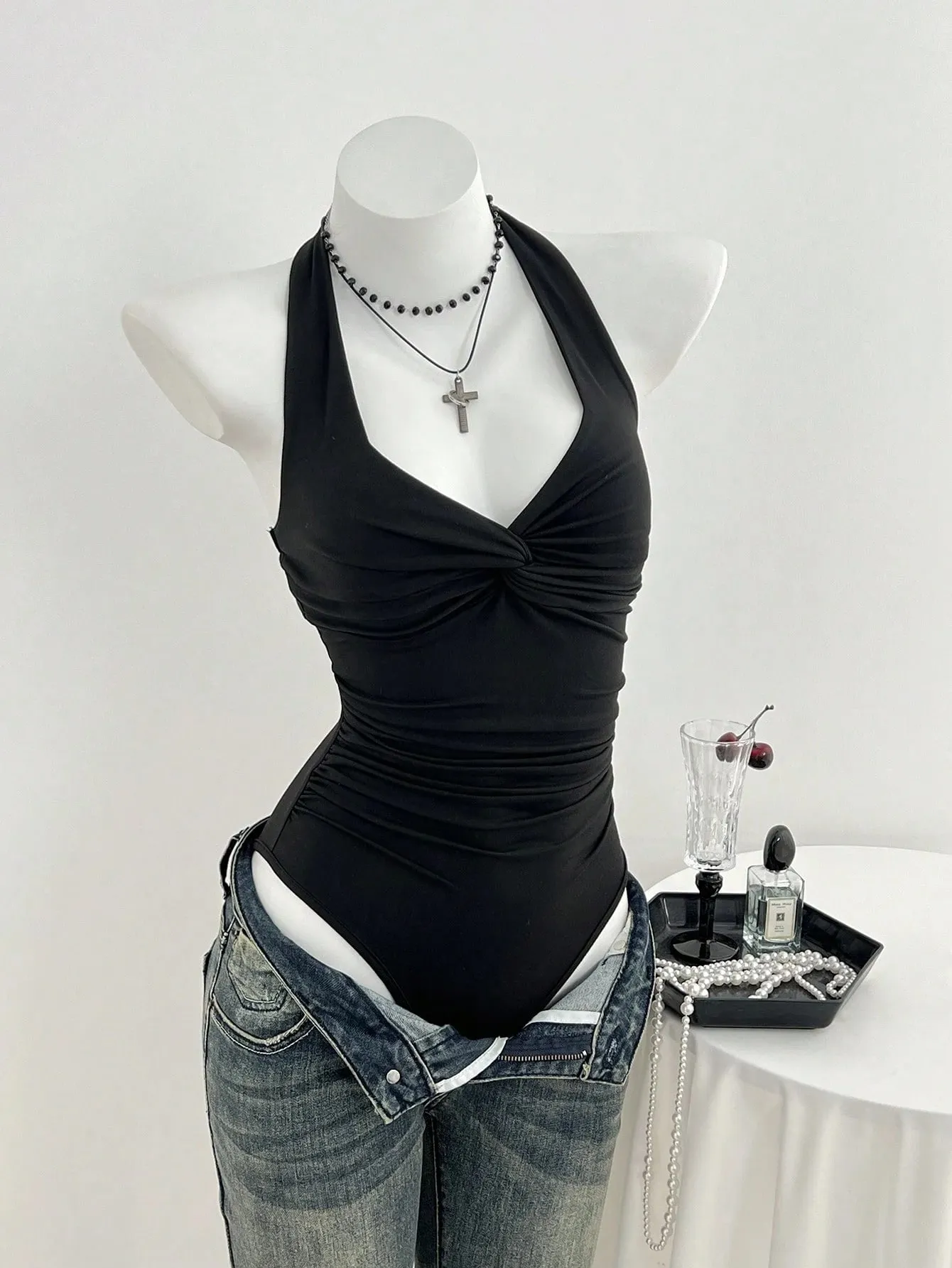 Women Halter Deep V Front Twist Knot Ruched Waist Bodysuit Solid Black Sleeveless Slim Fit Y2K Basic Jumpsuit Top — image 4