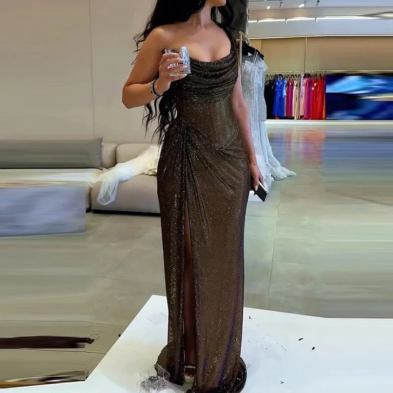 Sexy elegante comprimento total alta divisão vestido de festa chique cinta banquete maxi vestido de luxo feminino um ombro glitter vestido fino — image 2