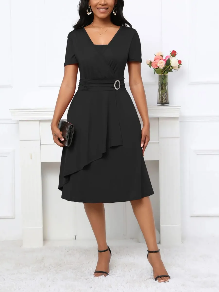 Womens Short Sleeve Summer Square Neck Casual Wrap Fit And Flare Solid Color Swing Midi Dress — image 6