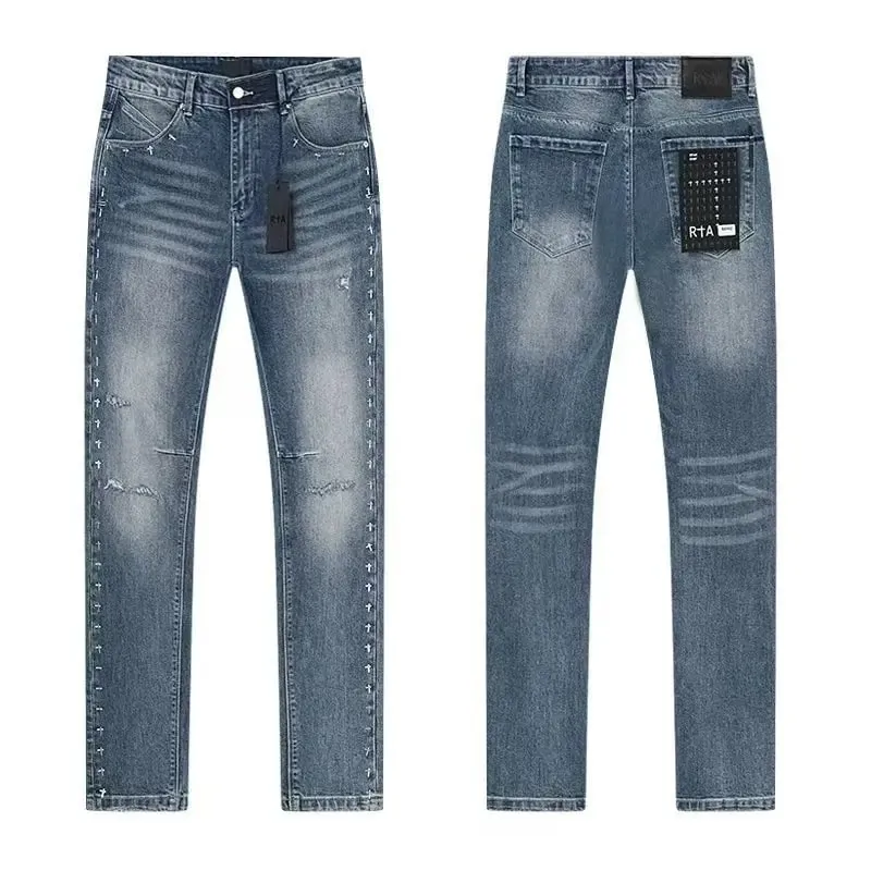 2026 RTA Men's Slim Fit Jeans Collection Distressed Ripped Paint Splatter Studded Patch Vintage Washed Streetwear Fashion Pants — image 13