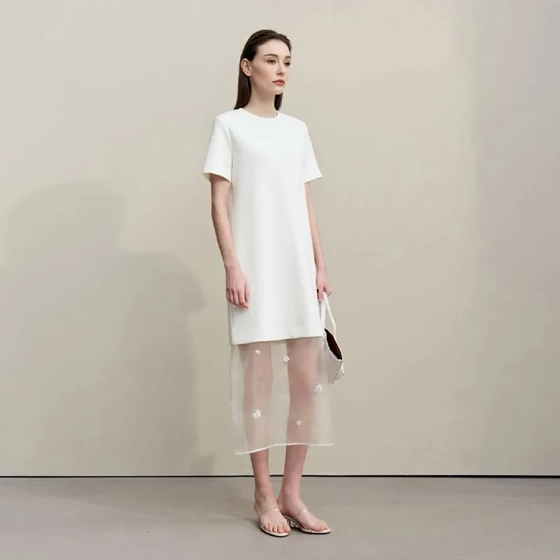 Amii Long Dresses 2026 Autumn New Round Neck Short Sleeve Patchwork Women's Dress Removable Organza Elegant Dress Women 12651024 — image 4