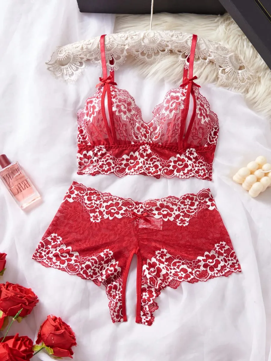 Summer Sexy Hot Women's Lingerie 2pce Open-crotch Pants And Open-tip Bra Vest Adult Underwear Transparent Flower Lace Bras Set — image 2