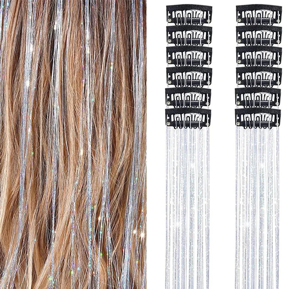 12Pcs Clip Hair Tinsel Clip in Glitter Tinsel Hair Extensions Synthetic Heat Resistant Shiny Sparkle Hair Tinsel for Women Girls