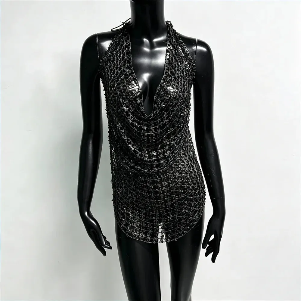 Women Shiny Acrylic Sequins Hollow Tank Top Sexy Deep V Neck Backless Halter Neck See Through Cover Up Camisole Beach Party Tops — image 8