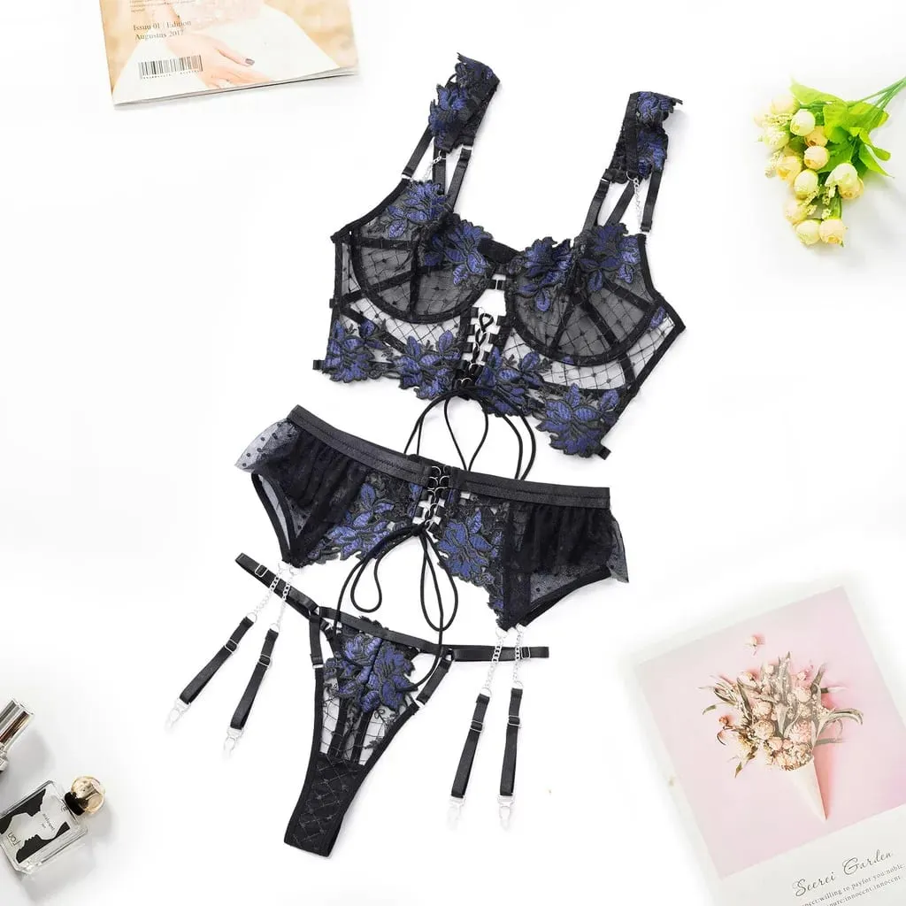 Ensemble de Lingerie en dentelle florale rouge pour femmes, soutien-gorge à armatures transparentes, bonnet fin, culotte tanga assortie, Sexy, ajouré, intimes — image 10