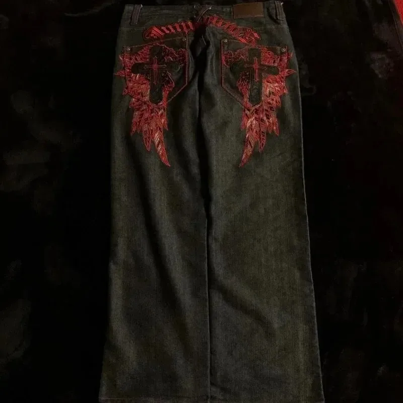 American Retro Y2K High Street Gothic Embroidered Men Black Red Pattern High Waist Jeans Street Couple Casual Pants — image 5
