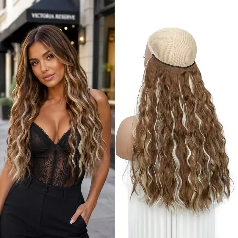 18Inch Synthetic Invisible Fish Line Hair Extensions Long Curly Wavy High Temperature Fiber Hairpiece for Women Daily Party