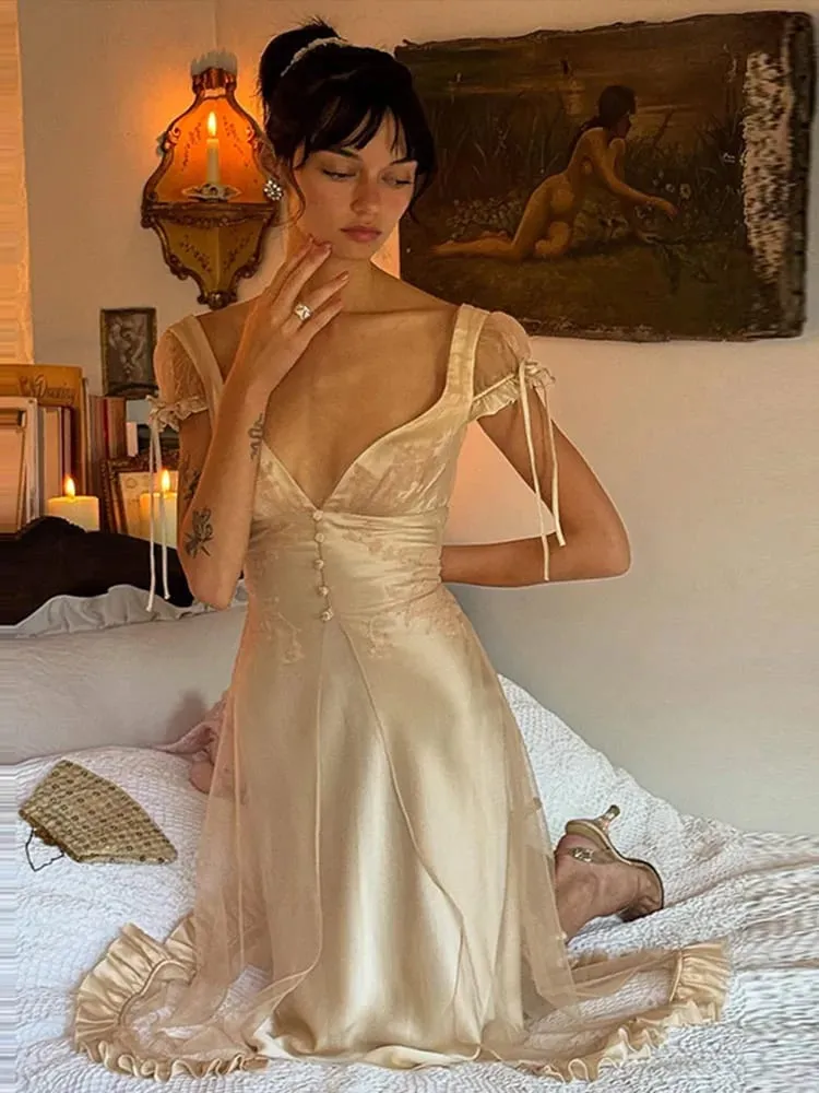 Vintage Chic Women Dress Deep V Neck Mesh Spliced Satin Tie Strap Back Bow Ruffle Hem Midi Dresses 2026 Summer Party Guest Gown — image 3