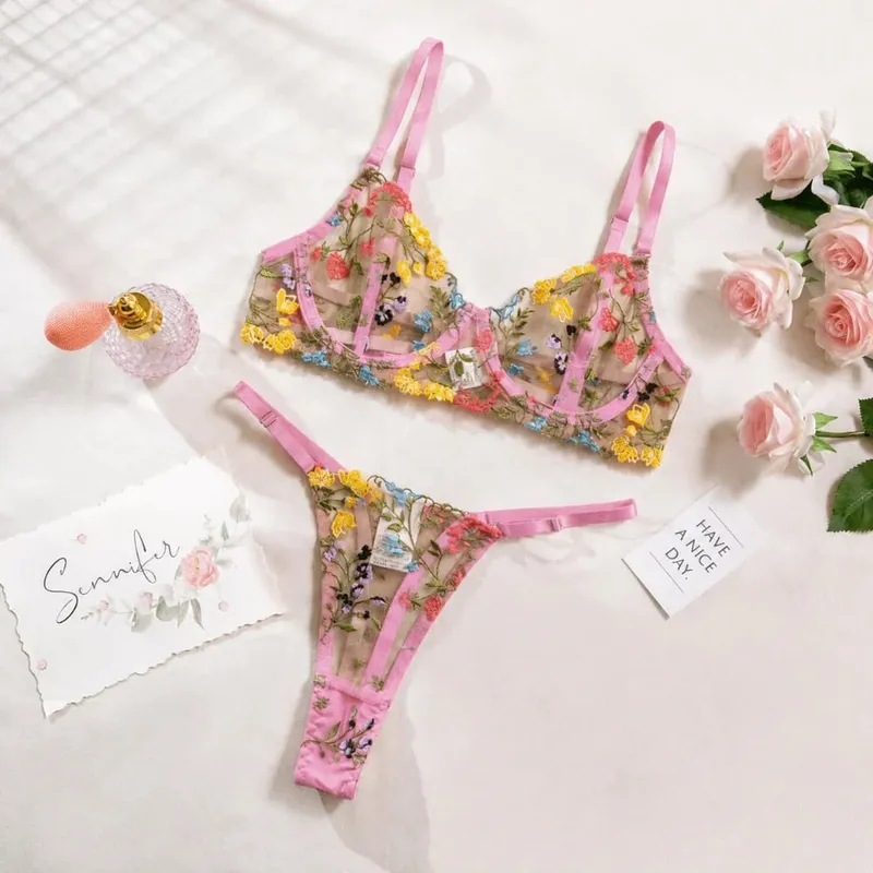 Ensemble de lingerie florale bohémien 2 pièces, sous-vêtements polyvalents brodés, intimes à armatures, soutien-gorge transparent, culotte, ensemble pour dames et filles — image 7