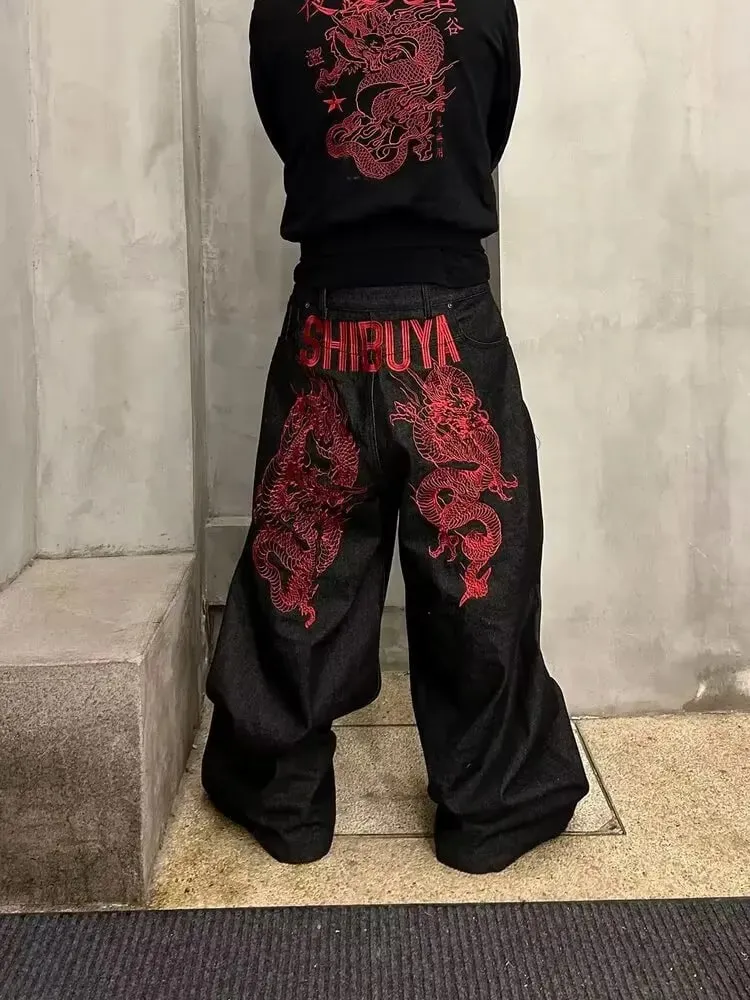 American retro embroidered pattern hip-hop jeans suitable for both men and women Y2K street cool floor length wide leg pants — image 6