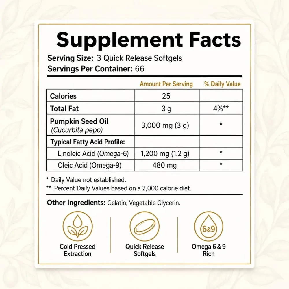 Cold Pressed Pumpkin Seed Oil Softgels 3000mg Omega 6 & 9 Dietary Supplement for Men Women Wellness Quick Release 200 Count — image 6