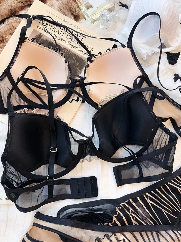 Sexy Hollow Push Up Bra Set French Thin Cup Underwear Women Classic Bandage Brassiere Black Temptation Lingerie Panties SetS — image 4