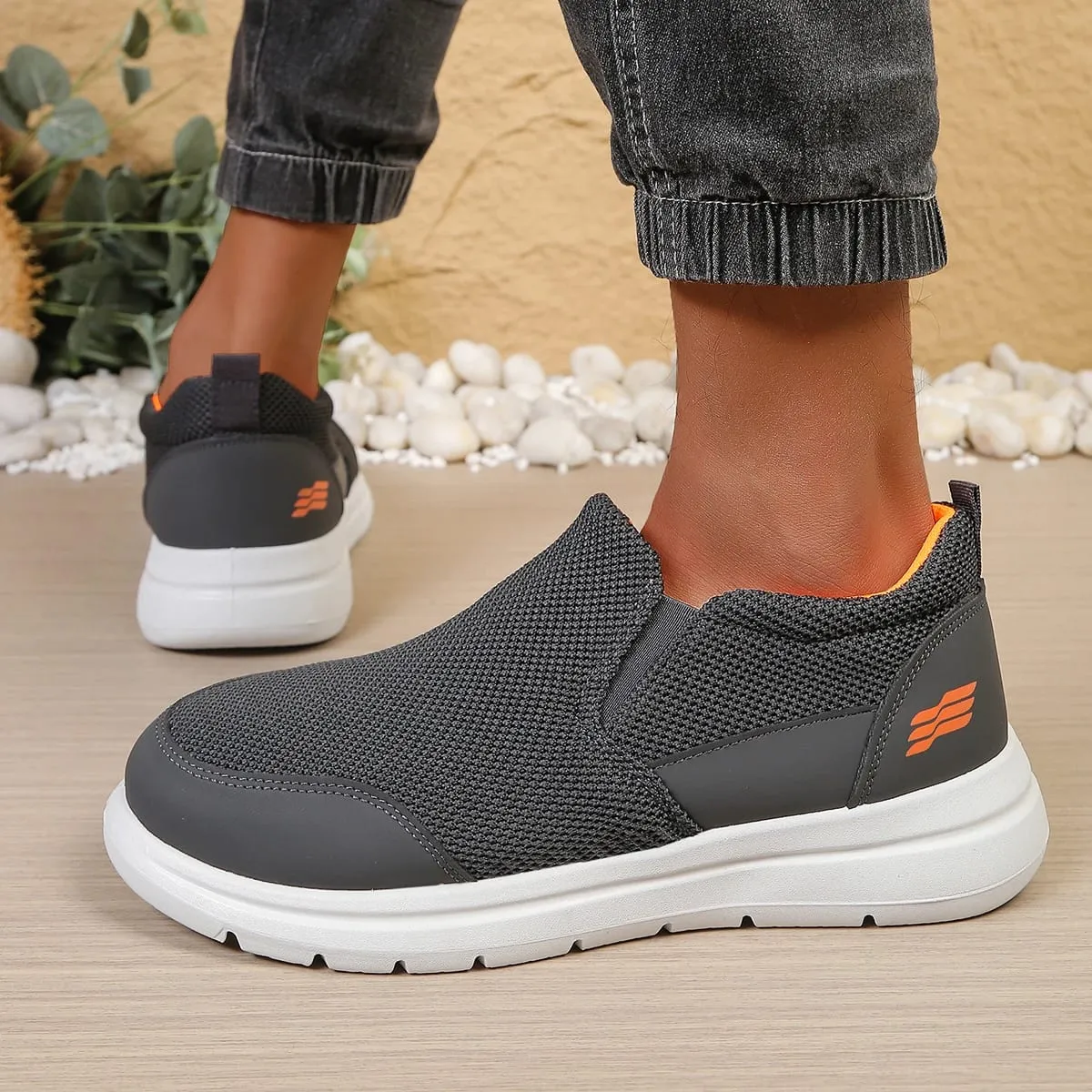 Men's slip-on hollow mesh walking loafers spliced smooth toe overlay dual elastic side gussets block segmented white outsole d — image 4