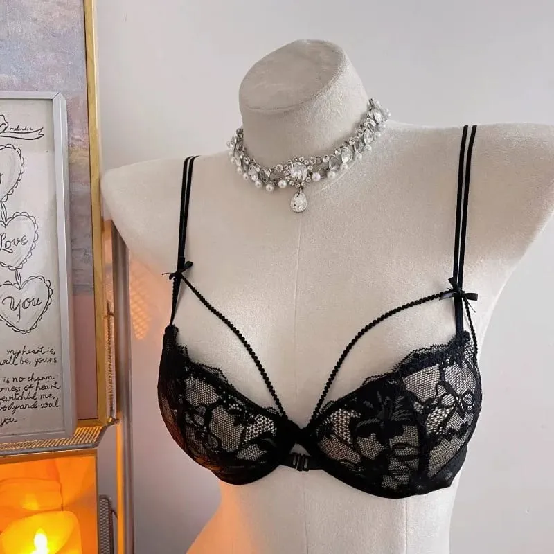 Minimal Coquette Lace Front Clasp Bra & Set Wirefree Thin Straps Beauty Back Side Wrap Support Small Bust Curvy Light Intimates — image 5