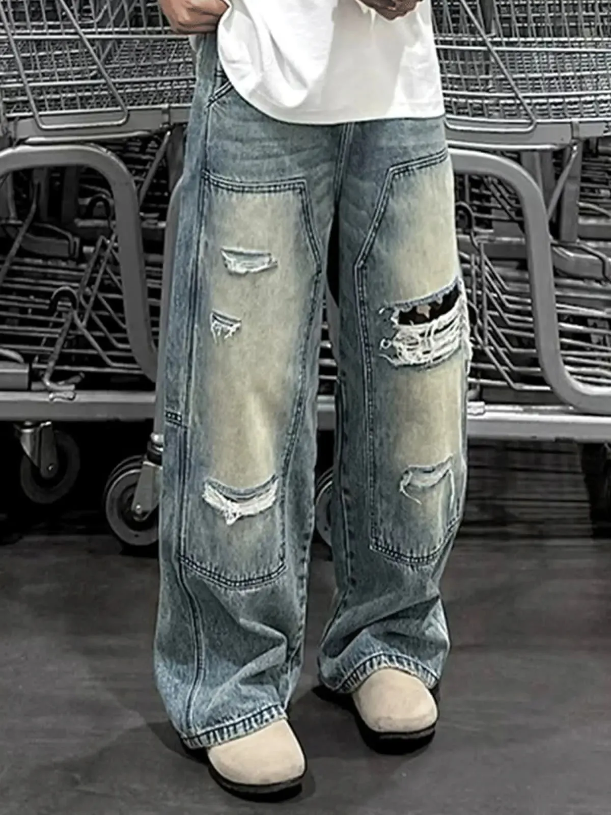 Mænds jeans Mandebukser Kraftig vasket multilomme snedkerstil Lige løse denimbukser Casual Fit High Street