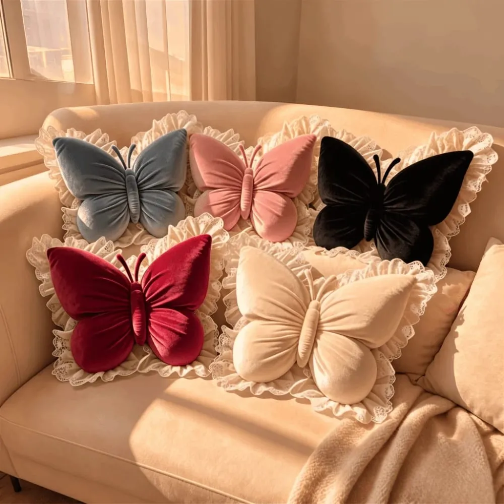 Decorative Cushion Velvet Butterfly Plush Pillow Lace Trim Plush Bow Plush Cushion Soft Cute Bow Throw Pillow Sofa — image 2