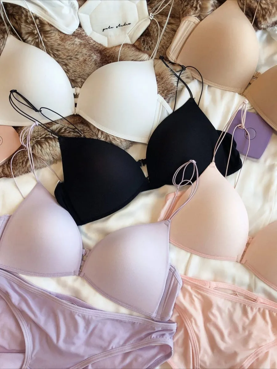 French Front Buckle Women Underwear Sexy Hollow Push Up Bra Set Summer Thin Cup Backless Bralette Fine Shoulder Strap Lingerie — image 1