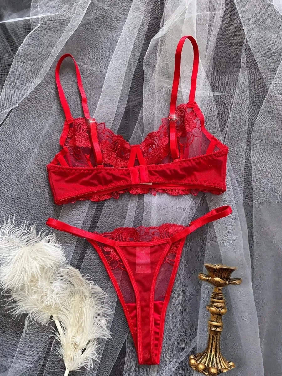 A1 Sexy Red Floral Embroidery Sheer Lace Lingerie Set S-XL Women See Through Mesh Bra Thong 2Pcs Romantic Valentine Intimates — image 3