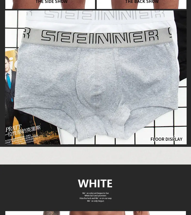 Seeinner Mens Boxer Shorts Cotton U Convex Pouch Pakaian Dalam Lembut Selesa Seluar Dalam Cueca Masculina M-XXL Hitam Putih Kelabu