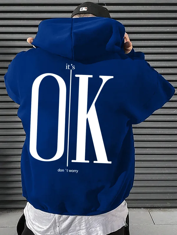 Men Hoodie It's OK Don't Worry Letter Print Oversized Casual Streetwear Loose Casual Long Sleeve Pullover Streetwer Tops — image 6