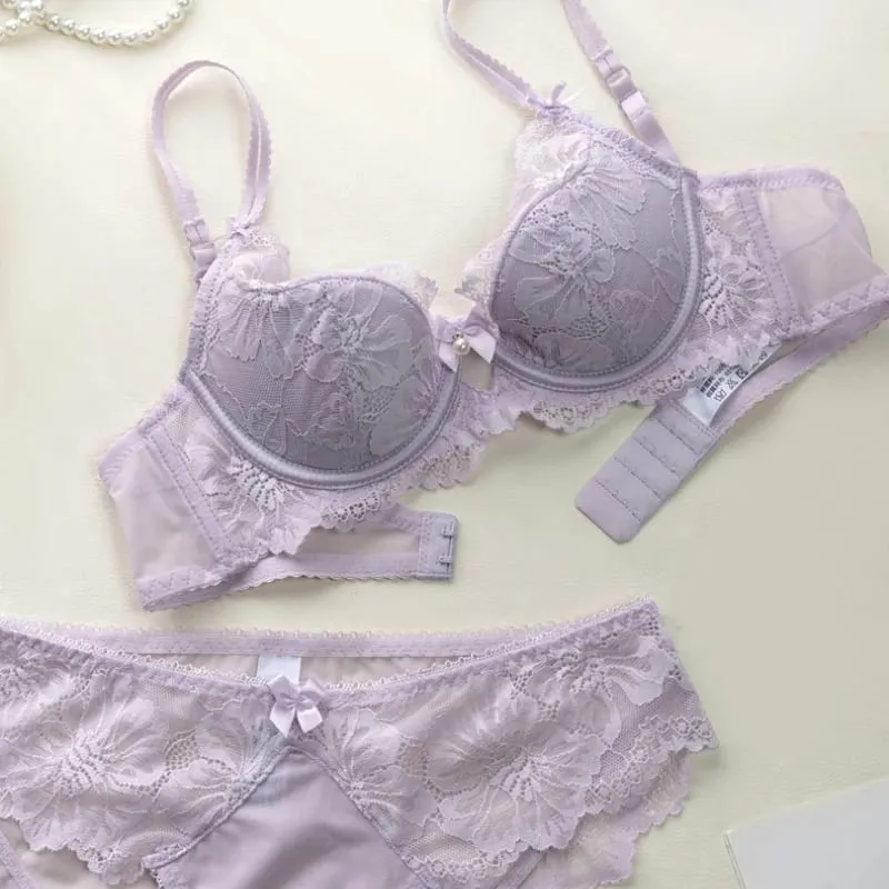 French Thin Cup Women Underwear Set Sexy Lace Flowers Embroidery Bra Summer Violet Comfort Push Up Bra and Panties Lingerie Sets — image 3