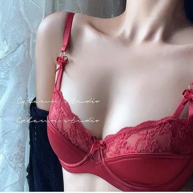 Women Bridal Red Bra Set Thin Minimizer Big Bust French Half Cup Sexy Lace Lingerie Underwear For Holiday Wedding — image 12